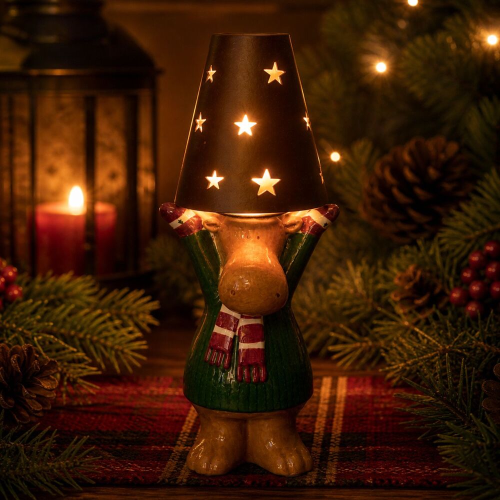 Christmas Moose Tealight Candle Holder Star Shade Boxed Holiday Decor